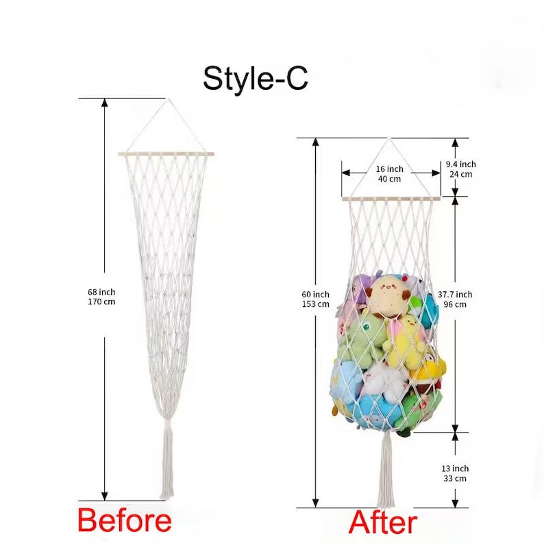 May include: A white macrame hanging storage basket, labeled "Style-C", shown empty and filled with plush toys. The empty basket is 68 inches (170 cm) long. The filled basket is 60 inches (153 cm) long and 37.7 inches (96 cm) wide, with a 16-inch (40 cm) opening.