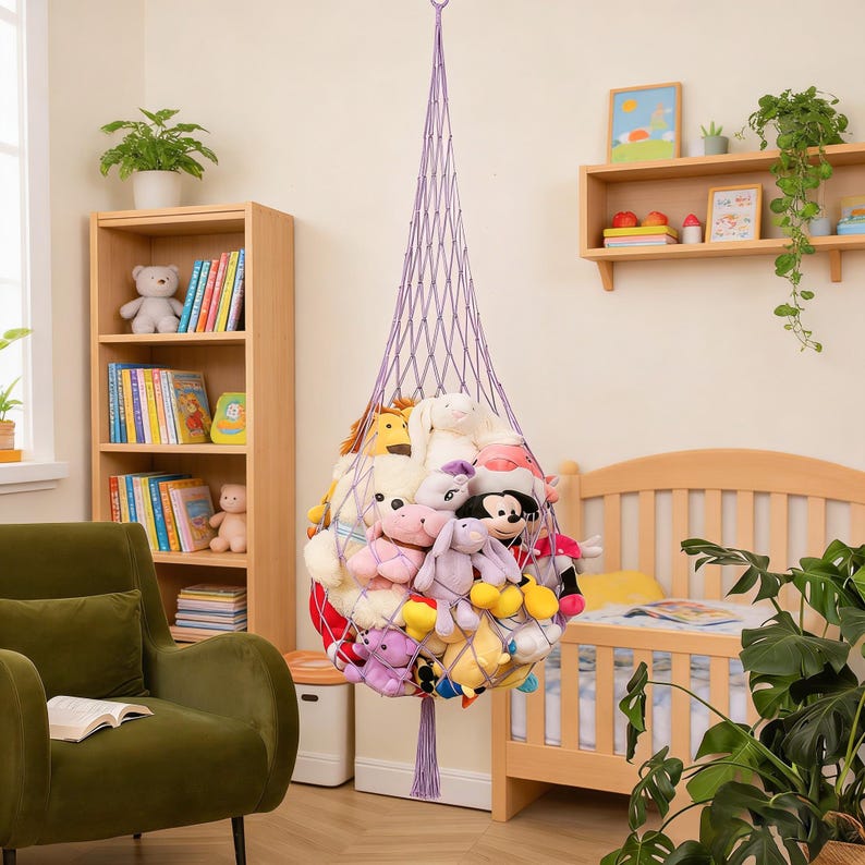 May include: A hanging purple net filled with various stuffed animals. The net is suspended from the ceiling, creating a playful storage solution. The stuffed animals are a mix of colors and sizes, adding a whimsical touch to the room.
