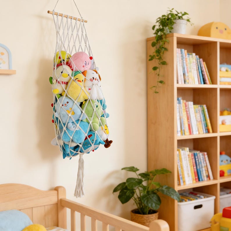 May include: A white macrame toy storage net filled with colorful plush toys, hanging on a wall. The net is suspended from a wooden dowel. The toys include various animal shapes in shades of blue, yellow, pink, and green.
