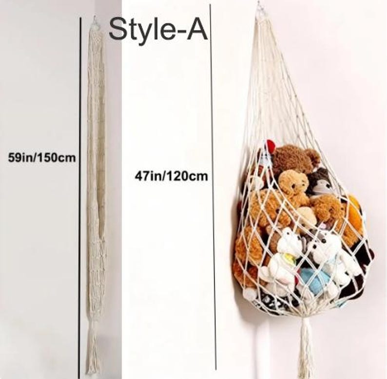 May include: A macrame hanging toy storage net, Style-A, in cream color. The net is 47 inches (120 cm) wide and 59 inches (150 cm) long. The net is filled with various stuffed animals, including teddy bears and other plush toys.
