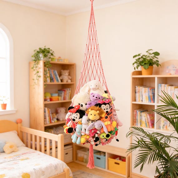 Boho Toy Storage Net, Macrame  Stuffed Animal Hammock for Kids Room, Nursery and Playroom Organizer, Plush Toy Holder Wall Hanging Decor