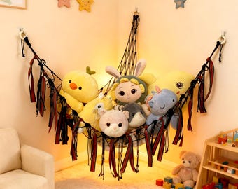 Handgemaakte macramé speelgoedhangmat, boho pluche opbergnet, kinderkamerorganizer