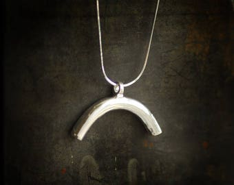 Silver Semicircle Pendant, Curved Bar Necklace, Heavy Arc Necklace, Minimalist Crescent Jewelry, Mens Layering Pendant, Unique Silver Choker