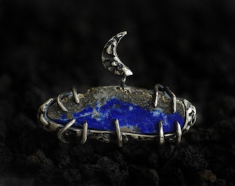Kismet, Lapis Lazuli Ring, Pyrite Jewelry, Crescent Moon, Royal Blue Jewelry, Astrology, Astronomy Ring, Moon and Stars Jewelry, Long Ring