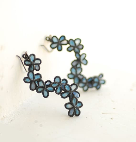 Oxidized Sterling Silver Forget Me Not Dangle Earrings, Blue Paper Jewelry