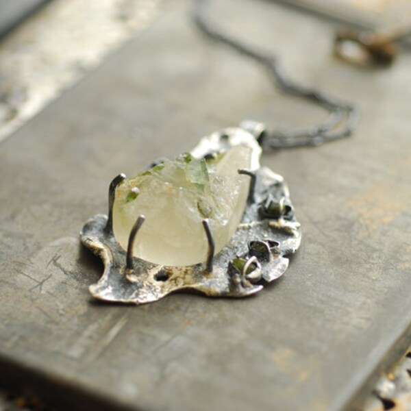 Emergence Green Tourmaline Quartz Faux Druzy Sterling Silver Statement Necklace, Anniversary Gift, Unique Metal Sculpture Wearable Art Clear