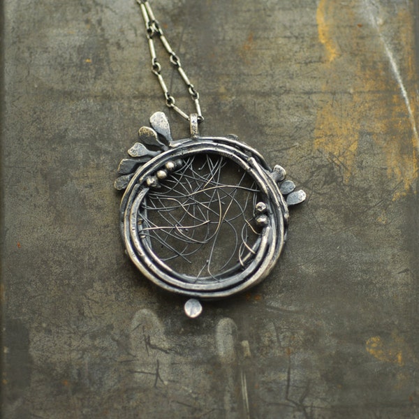 Tattered Web Sterling Silver Circle Necklace, One of a Kind Artisan Wearable Art Handmade Abstract Unique Statement Jewelry, Remnants Art