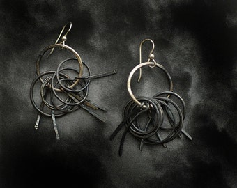 Sterling Silver Gatekeeper Earrings Edgy Art Fringe Handmade Jewelry, Statement Earrings Jewelry, Unique Gift, Dark Black Silver Earrings