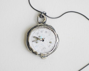 Upcycled Vintage Watch Face Necklace: Sterling Silver Enamel Jewelry