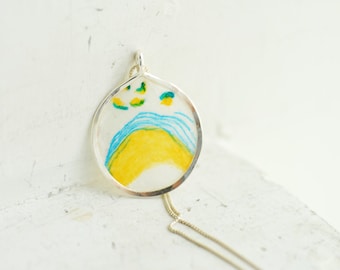 Ready to Ship, Pop Art Jewelry, Sky Blue Mini Painting, Neon Yellow Flower Necklace