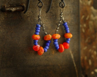 Blue Orange Beaded Earrings, OOAK Bead Earrings, Royal Blue Seed Bead Earrings, Orange Earrings, Colorful Earrings, Lightweight Earrings