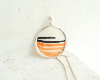 Ready to Ship, Orange Black Necklace, Striped Jewelry, Wearable Art Original Painting Pendant