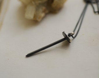 Nail Necklace Sterling Silver, Mens Unisex Pendant, Black Spike Jewelry