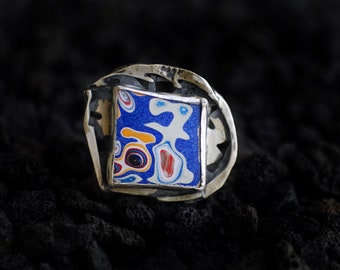 Frenzy, Fordite Ring, Sterling Silver, Royal Blue Ring, Statement Cocktail Ring, OOAK Artisan Jewelry, Wearable Art Ring, Unique Ring