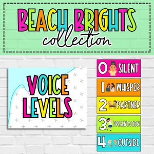 Pantalla de niveles de voz Tropical Bright Vibrant Classroom Decor Imprimibles Teacher Essentials Educación primaria / Colección Beach Brights