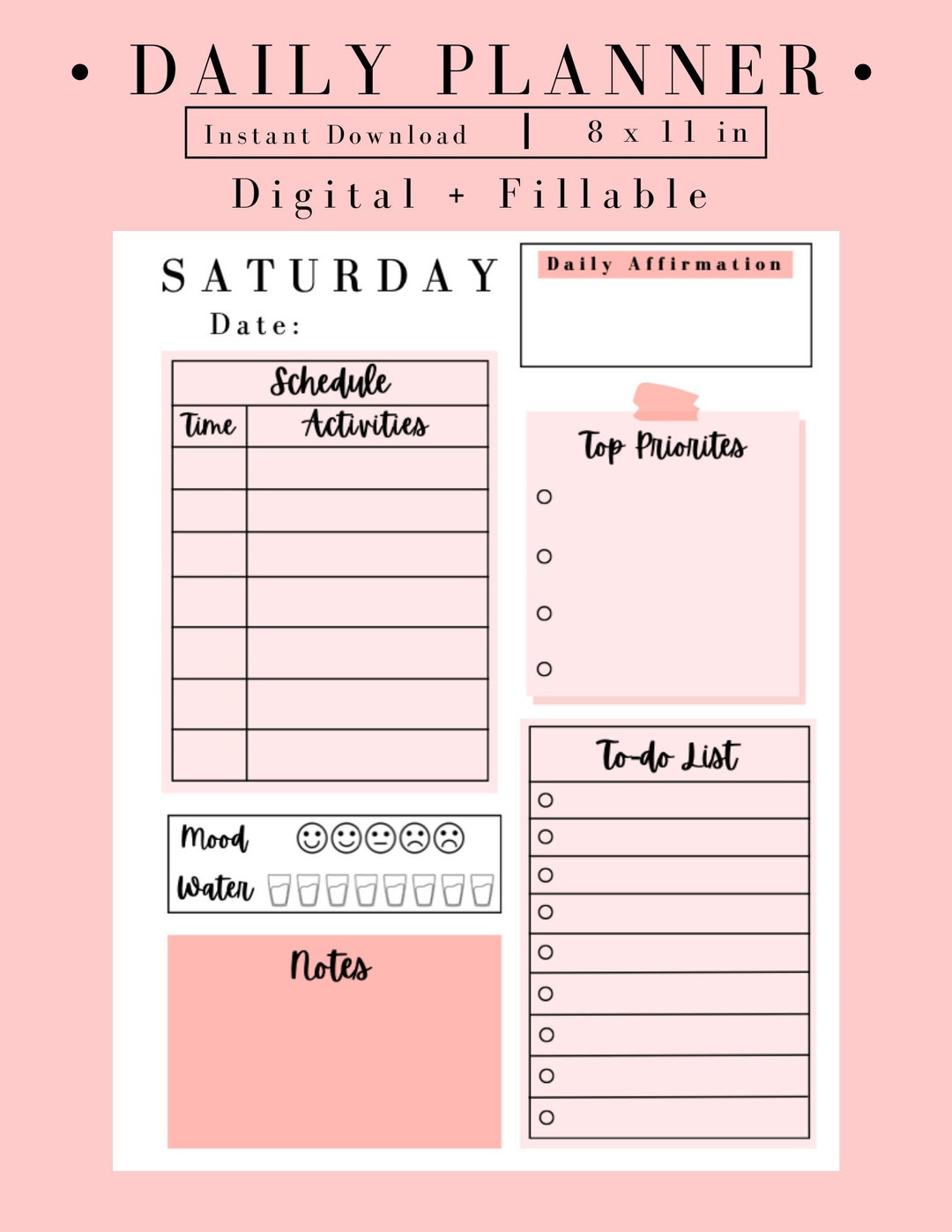 Digital fillable daily planner template aesthetic daily planner pdf