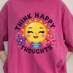 Think Happy Thoughts-shirt, vintage gewassen zonnebloem T-shirt, katoenen T-shirt met wilde bloemen, oversized boho bloemenshirt, cadeau voor vrouwen