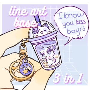 May include: A line art base keychain featuring a cartoon cat inside a purple drink cup with the text "Pot Potion". The keychain also includes a charm with a knife and stars, and the text "I know you kiss boy:3".