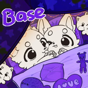 May include: Illustration of two cartoon-style white cats cuddling in a bed with purple pillows and a purple blanket. The word "Base" is written in purple above the cats. Additional small stuffed animals and the word "love" are also visible.
