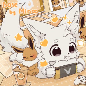 Może przedstawiać: Cyfrowa ilustracja przedstawiająca białą postać z kreskówki przypominającą lisa, grającą w przenośną grę wideo. Obraz zawiera brązową pluszową zabawkę Eevee, napój z odciskiem łapy i tekst "Base by Minco". Paleta kolorów to głównie beż i biel.
