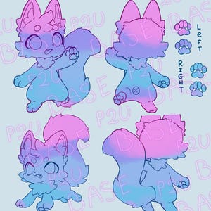 May include: A digital illustration featuring a cartoon-style creature with a fox-like appearance. The creature is depicted in four different poses, with a gradient of pink and blue colors. The image includes text that reads "P2U BASE".