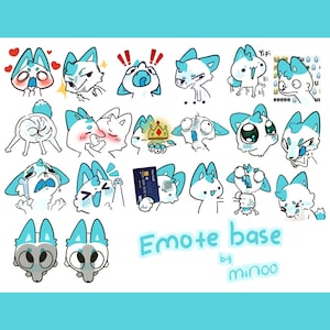 May include: A collection of cartoon fox-like character emotes in various expressions, including hearts, tears, and surprise. The emotes are in shades of blue and white, with the text "Emote base by minoo" in a matching blue.