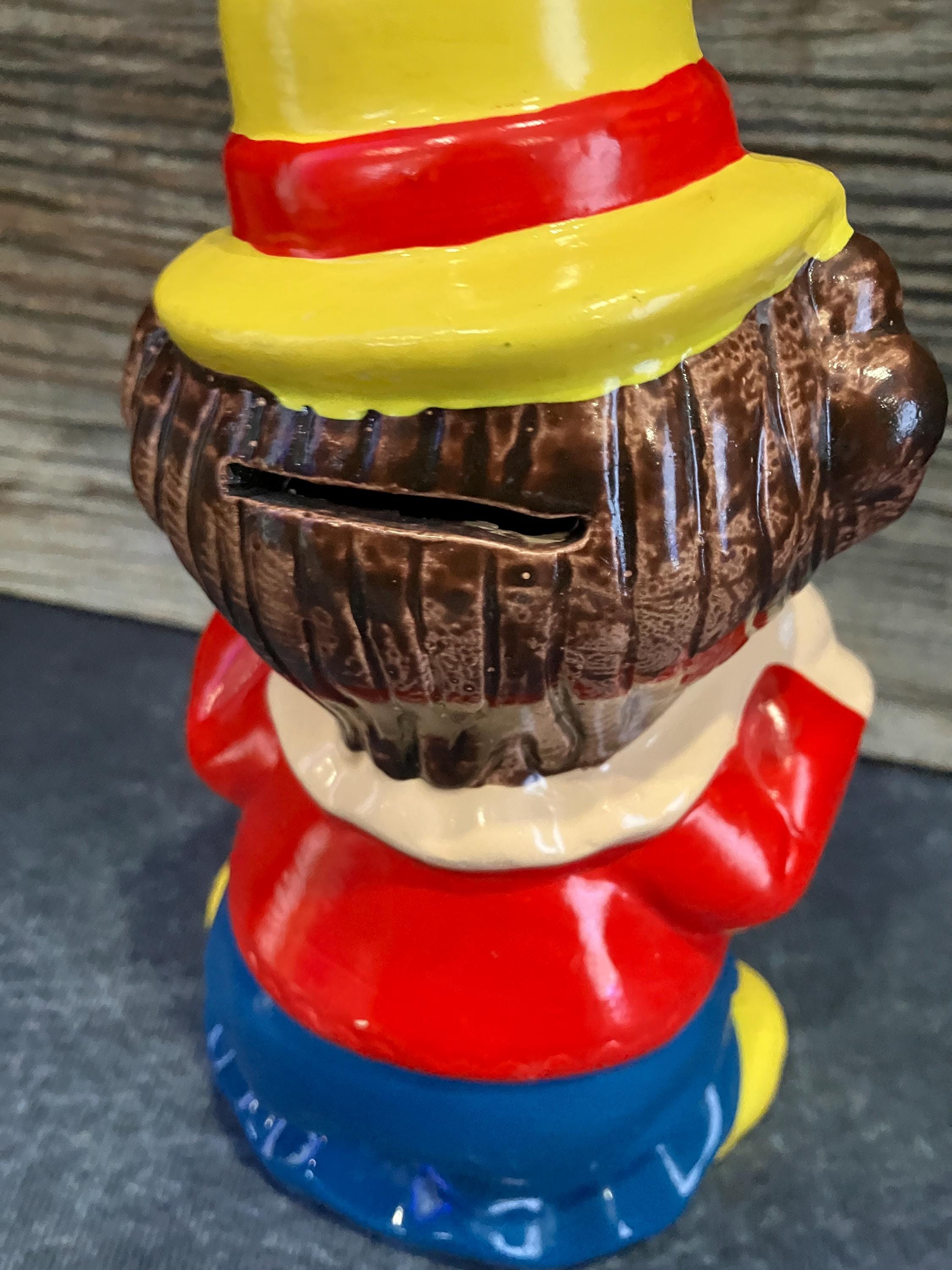 Vintage 70s Chalkware Clown Coin Bank Violinist Piggy Bank. 7.5