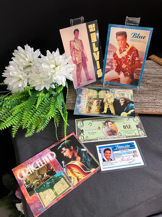 Vintage Elvis Presley Postcards, Souvenir License, & Dollar Bill