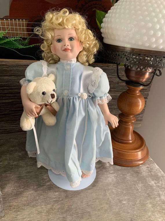 Elizabeth and Her Bear, Porcelain Doll 13 Inches Tall. Paradise