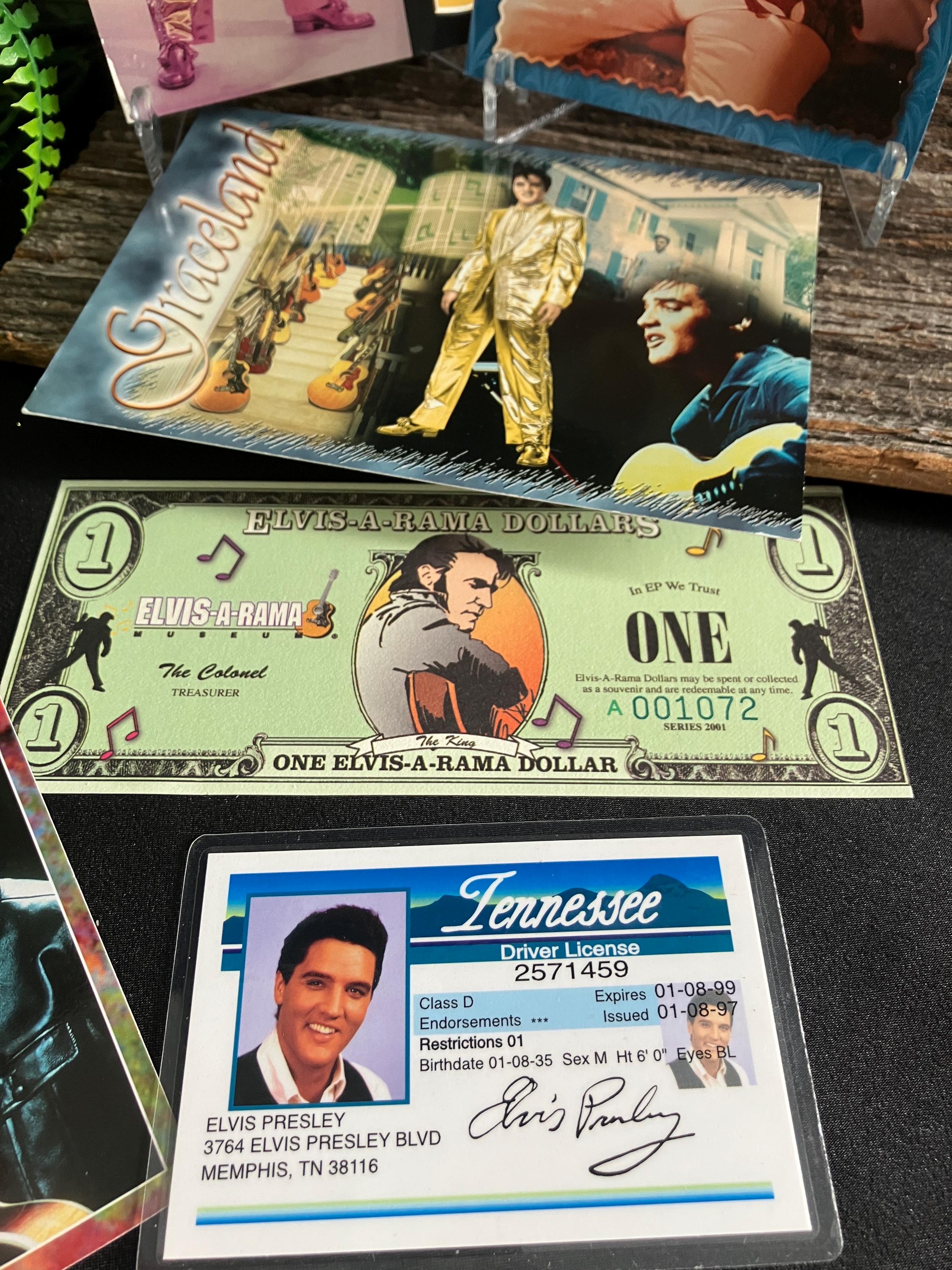 Vintage Elvis Presley Postcards, Souvenir License, & Dollar Bill