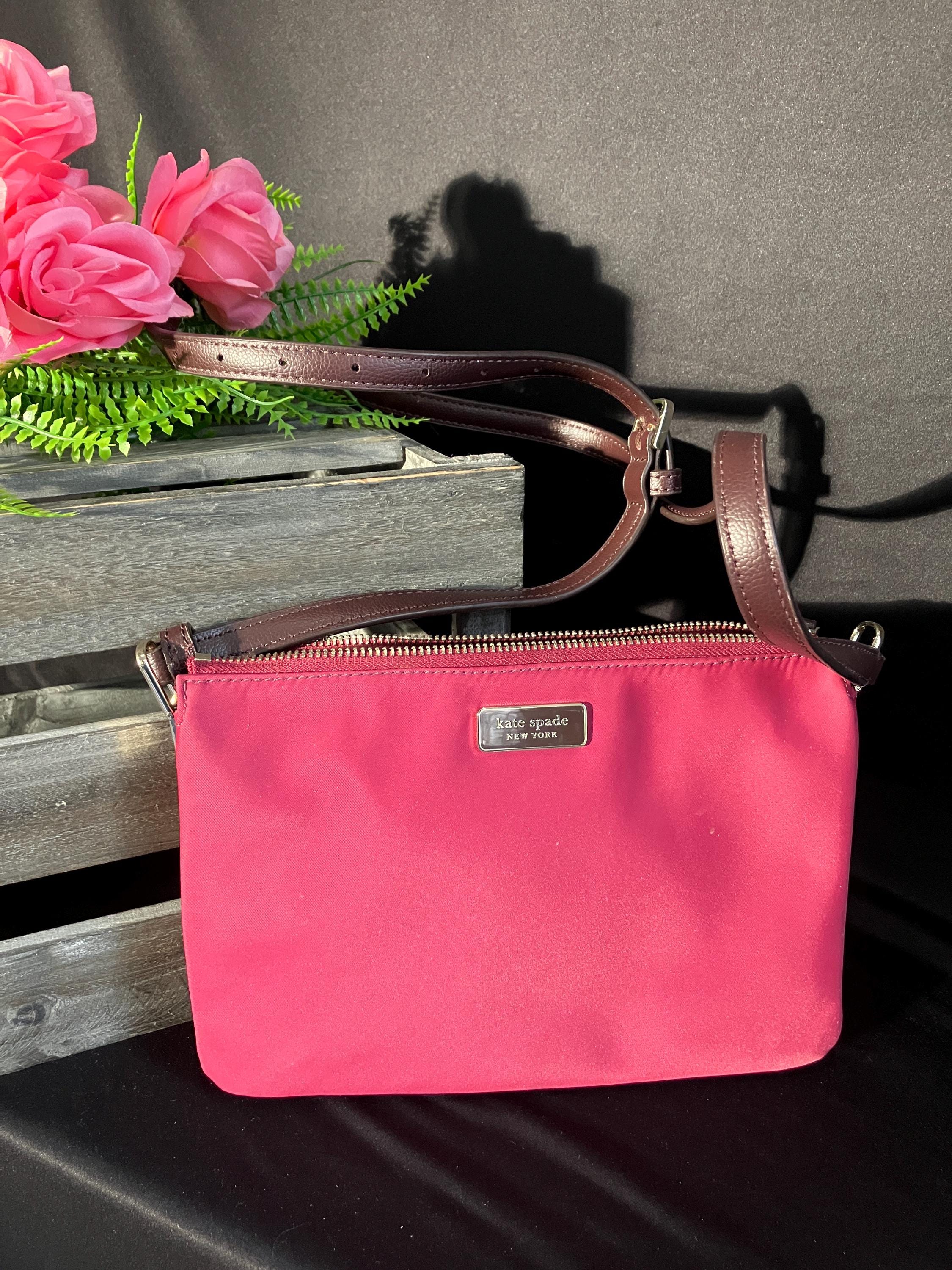 Kate Spade Triple Gusset crossbody ladies purse. vintage. beautiful bright pink/ rhubarb/ tart pink/ like new!