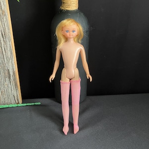 Könnte beinhalten: Eine Vintage-Puppe mit blonden Haaren und blauen Augen. Die Puppe trägt rosa Netzstrümpfe. Die Puppe steht vor einer schwarzen Vase mit grünen Blättern.
