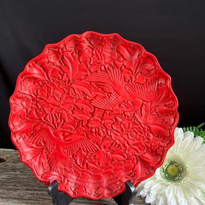 Vintage RED Cinnabar Lacquer Carved Phoenix Plate: Collector&#39;s Item