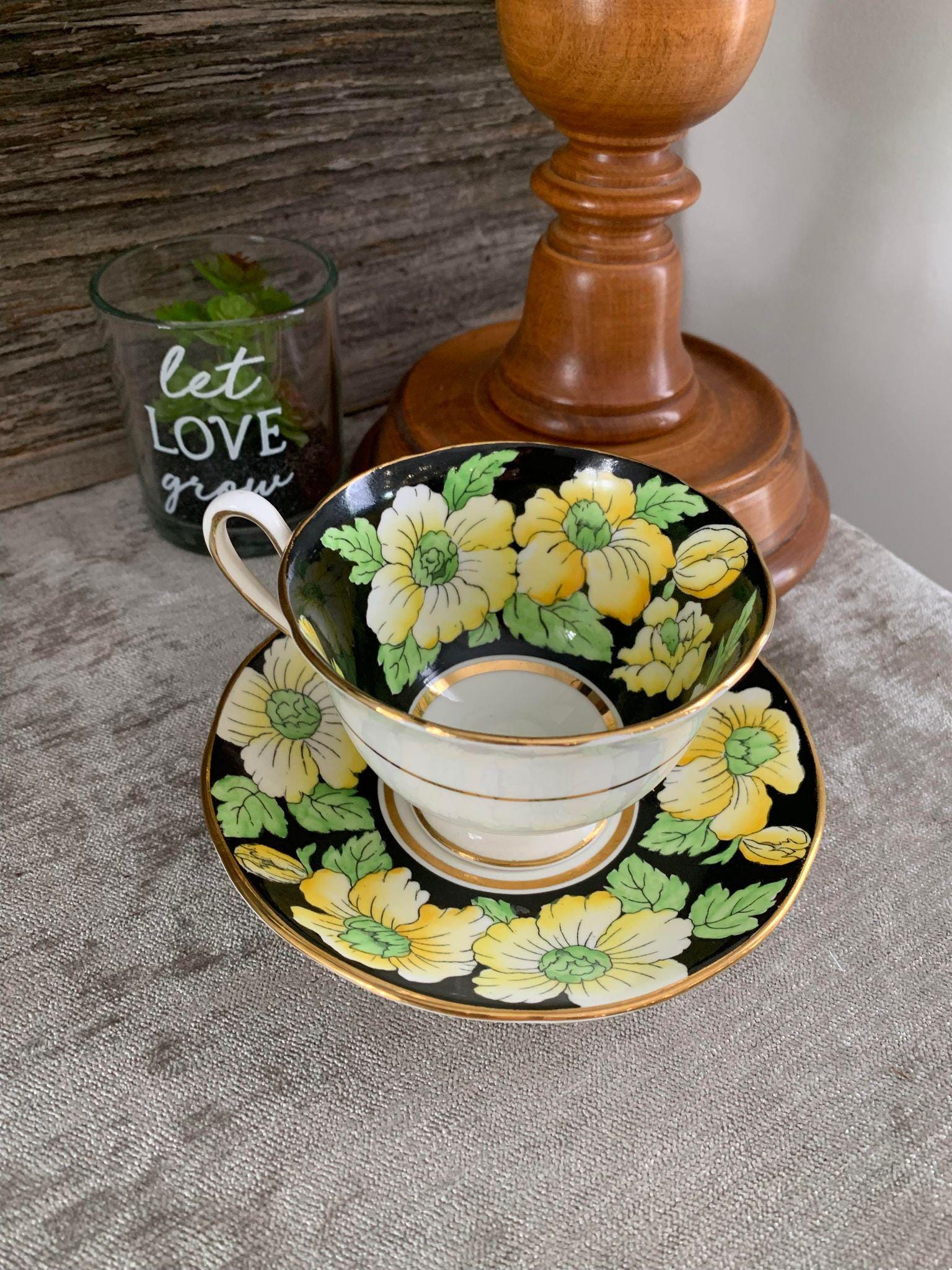 Salisbury Fine Bone China Teacup and Saucer: Black Yellow Floral