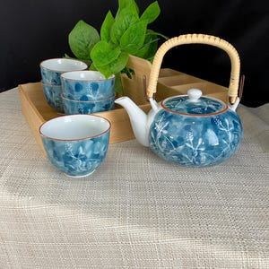Floral Japanese Tea Set: Blue & White Teapot with 5 Cups