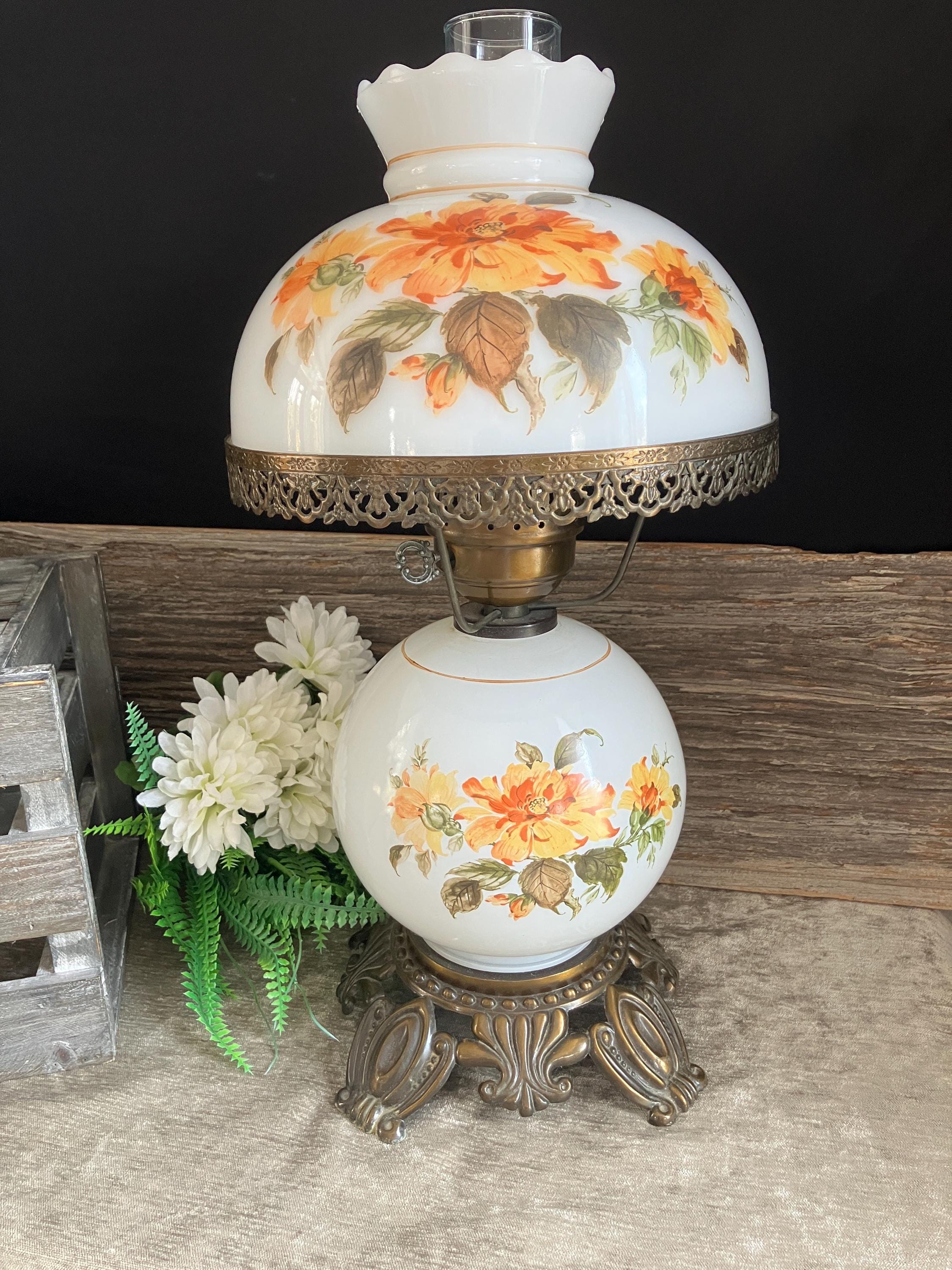 Vintage Floral Milk Glass Hurricane Lamp - 19.5 Inch. Orange and