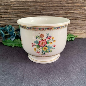 Könnte beinhalten: Ein weißer Keramik-Blumentopf mit einem Blumendesign in Rot, Rosa, Gelb und Blau. Der Topf hat einen goldenen Rand und Sockel. Der Hintergrund ist eine Holzoberfläche.