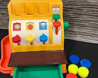 Caja registradora de juguete Fisher Price de 1974, número 926, con 6 monedas de repuesto. ¡Funciona!