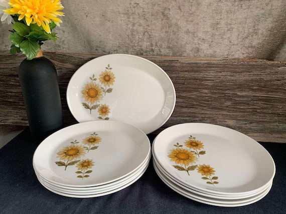 Johnson Bros Ironstone Sunflower Dinner Plates and Serving Platter
