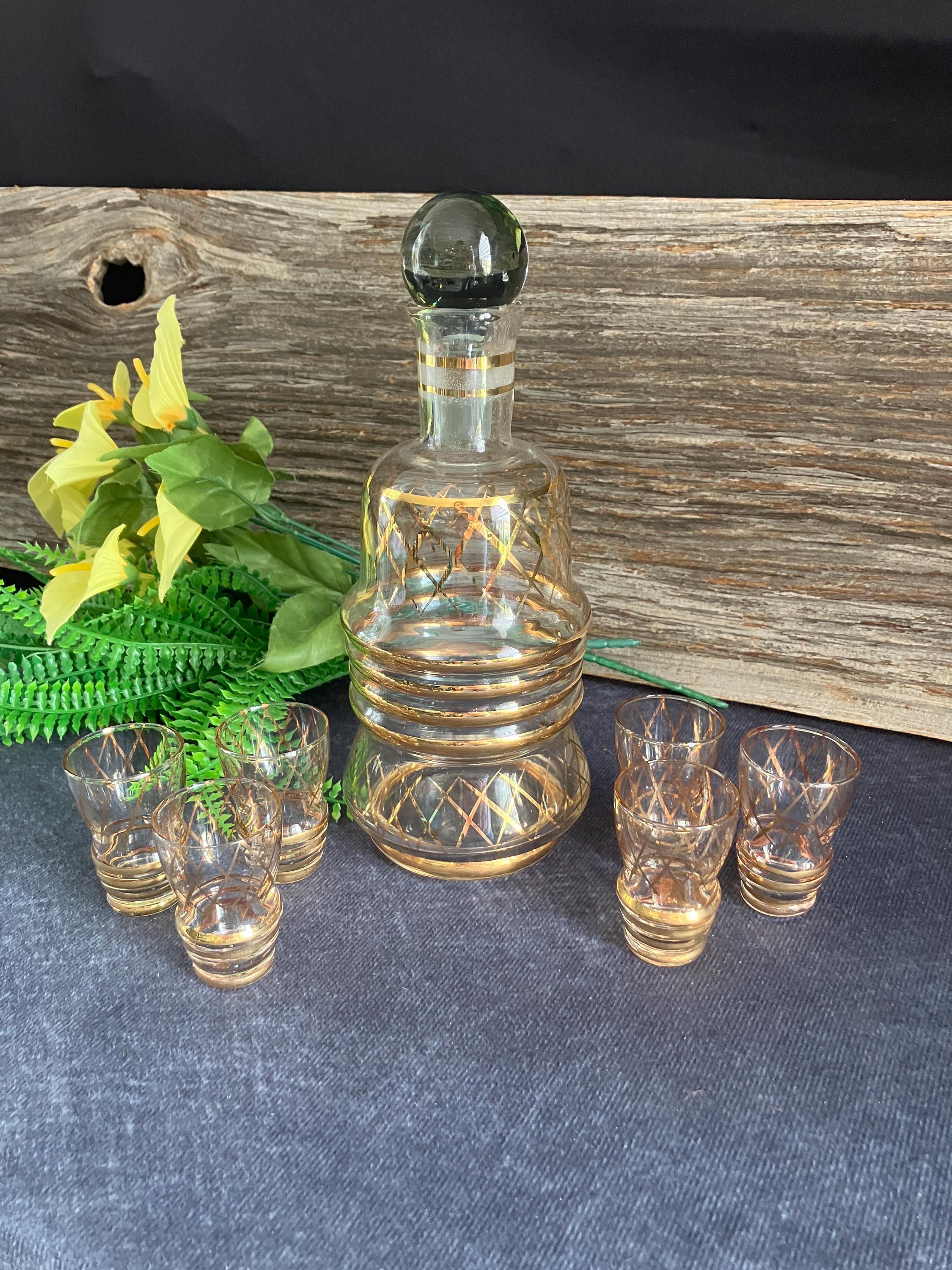 Vintage Blown Glass Liquor Decanter Set: Mid-century Gold