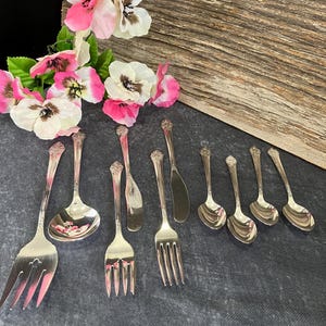 May include: A selection of vintage silverware, including forks, spoons, and knives, displayed on a dark surface. The silverware features intricate floral patterns. Pink and white flowers are arranged in the background, adding colour and elegance to the scene.