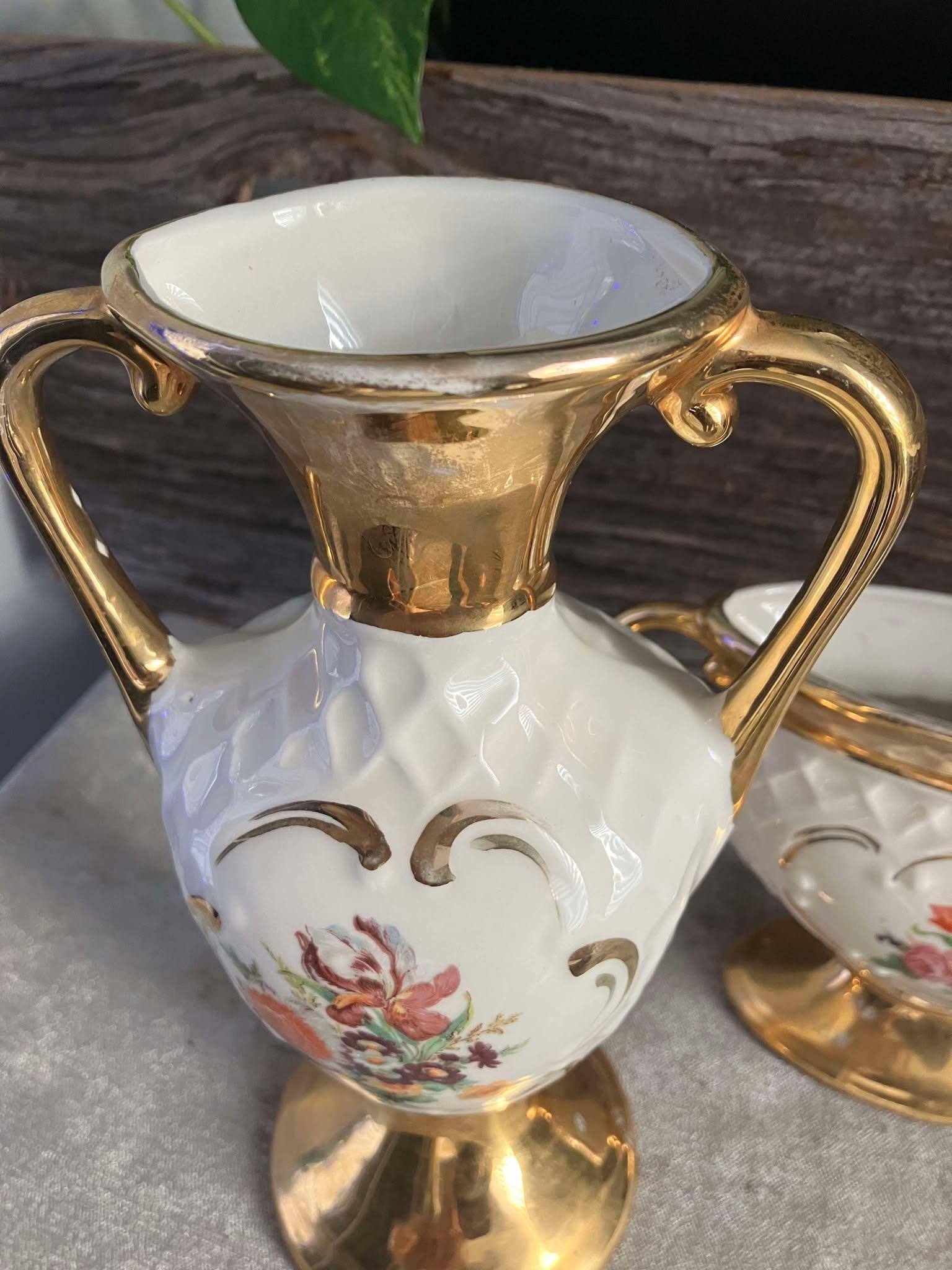 Pair of Hand Decorated Footed Vintage Vases. Floral Design and Gold ...