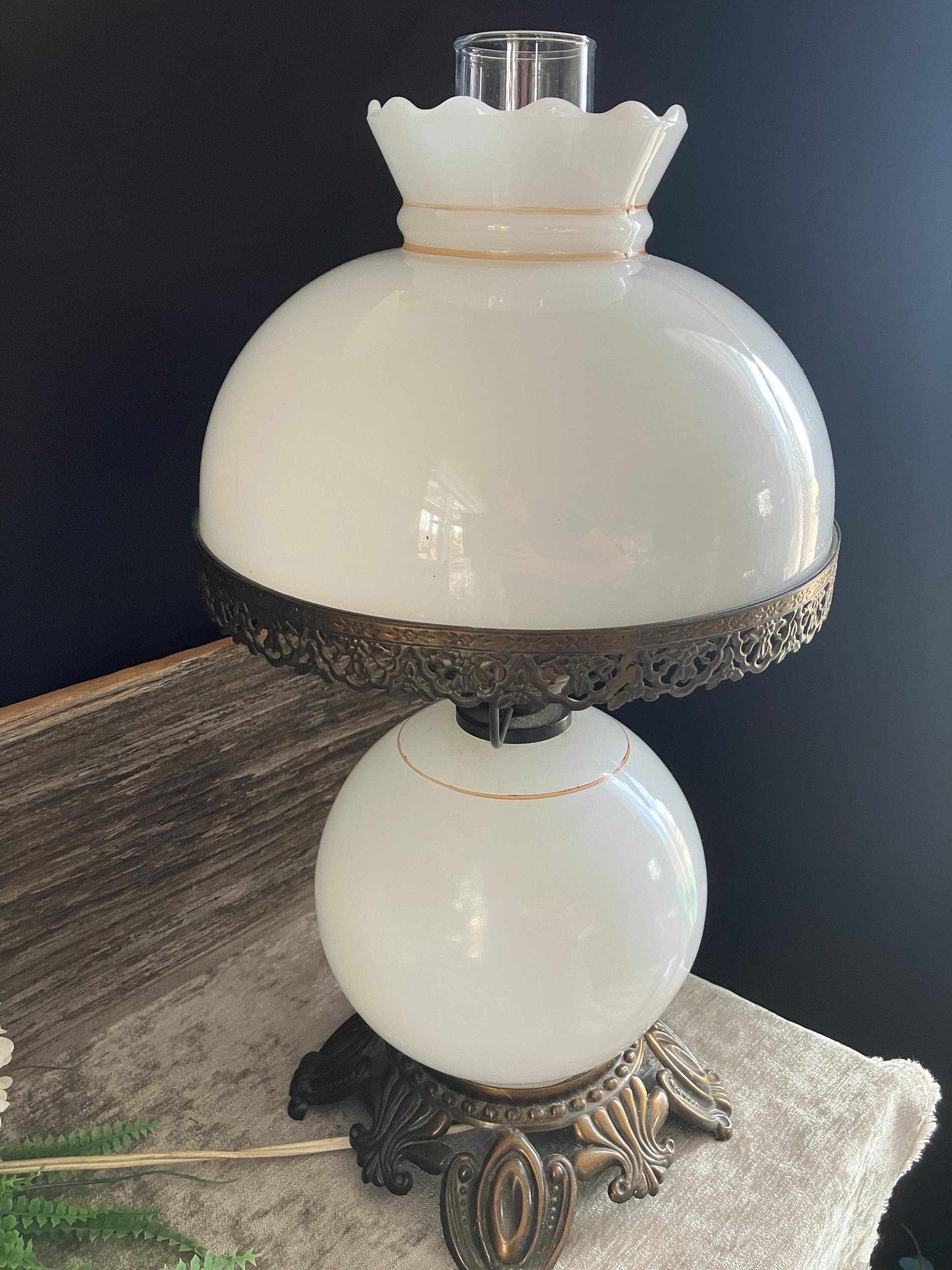 Vintage Floral Milk Glass Hurricane Lamp - 19.5 Inch. Orange and