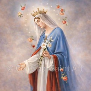 Può includere: Dipinto di una donna con corona d'oro, velo bianco e mantello blu con finiture rosse. Tiene fiori bianchi ed è circondata da rose. L'opera è firmata "Celestial Saint Art".