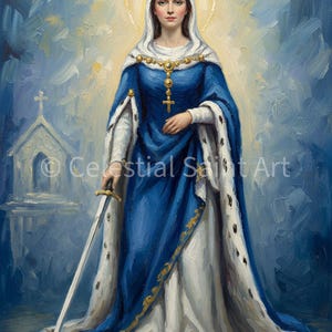 May include: An oil painting depicting a woman in a blue and white gown, holding a sword. She wears a gold necklace with a cross pendant. A halo surrounds her head. A small church is in the background. The text "Celestial Saint Art" is in the image.