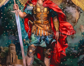 Pode incluir: Uma pintura de um anjo com asas douradas, vestido com armadura e uma capa vermelha, segurando uma espada. O anjo está em pé sobre uma superfície rochosa com um edifício ao fundo. A pintura é feita em um estilo que lembra a arte renascentista.