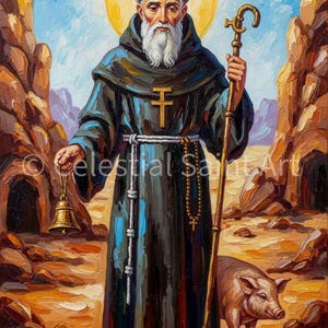 May include: Oil painting of a saintly figure in a black robe, holding a bell and staff, with a pig at his feet. The figure has a halo and a long white beard. The background features a desert landscape and the text "Celestial Saint Art".