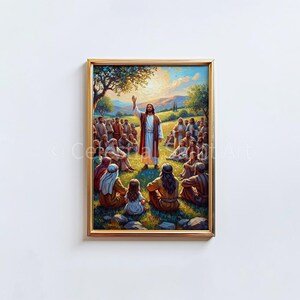 May include: A framed religious painting depicts a figure in a white and brown robe addressing a crowd. The artwork, set in a natural landscape with trees and a bright sky, features a golden frame. The scene evokes a sense of teaching and community.