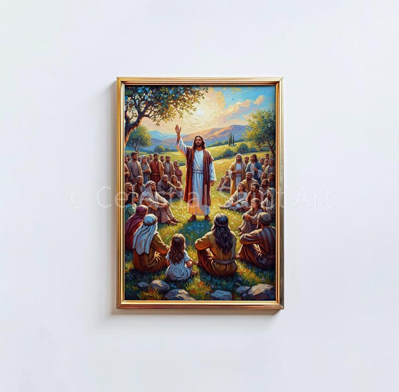 May include: A framed religious painting depicts a figure in a white and brown robe addressing a crowd. The artwork, set in a natural landscape with trees and a bright sky, features a golden frame. The scene evokes a sense of teaching and community.