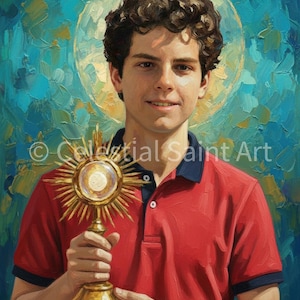 May include: Oil painting of a young person in a red polo shirt holding a golden monstrance. The background is a vibrant mix of blues and yellows, with a golden halo. The text "Celestial Saint Art" is visible.